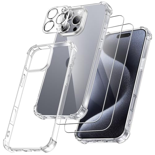 FLLAO 4 en 1 Funda para iPhone 16 Pro MAX con 2 Protector Pantalla y 1 Protector Lente Cámara, [Almohadilla de Aire integrada] Antigolpes Antiarañazos Carcasa 6,9 Pulgadas, Transparente