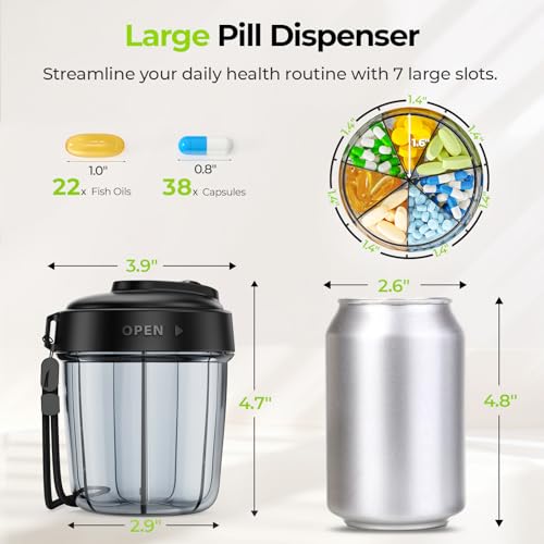 Image of AUVON Large Pill Dispenser Can Store 7 Various Supplements, Travel Pill Organizer Bottle with Anti-Mix Design, Arthritis-friendly Pill Holder with Wide Opening & Slider Lid, Includes 20 Blank Stickers
