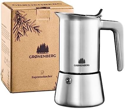 Groenenberg zaparzacz do espresso, płyta indukcyjna, zaparzacz do kawy na 4-6 filiżanek (200-300 ml), dzbanek Moka ze stali nierdzewnej z dodatkowymi uszczelkami i instrukcją krok po kroku, 4 filiżanki, 200 ml