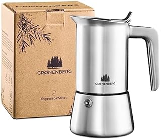 Groenenberg zaparzacz do espresso, płyta indukcyjna, zaparzacz do kawy na 4-6 filiżanek (200-300 ml), dzbanek Moka ze stali nierdzewnej z dodatkowymi uszczelkami i instrukcją krok po kroku, 4 filiżanki, 200 ml