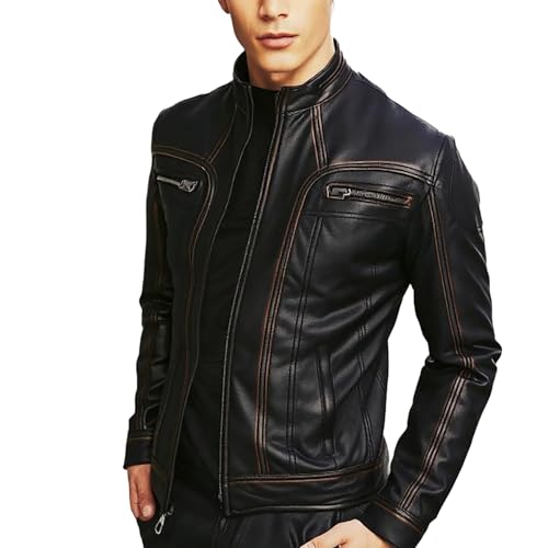 CHICAGO-FASHIONS Mens Vintage Motorcycle Retro Cafe Racer Distressed Black Biker Leather Jackets, X-Small