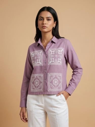 Image of Stylish Women's Embroidered Shirts | Geometric Pattern Half Sleeve Collared Button-Up Casual Shirt for Women