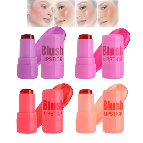 4Pcs Jelly Blush Stick Set - Hydrating Jelly Tint For Cheeks And Lips With Dewy Glass Skin Finish Buildable Moisturizing Makeup Trio In Multicolor Shades Including Peach Pink Coral And Purple