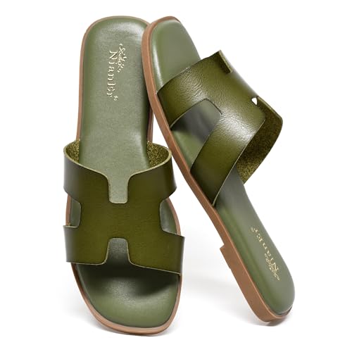Image of NianEr Womens Microfiber Leather Memory Foam H Sandals Summer Shoes Slides | Flat, Comfortable, Slip On, Dressy, Dress, Beach, Vacation, Designer, Comfy, Casual, Bridal, Church, Boho, Office, Work