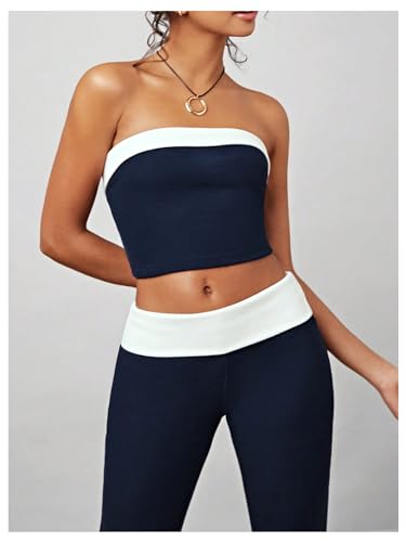 WDIRARA Women's 2 Piece Outfits Color Block Strapless Sleeveless Tube Top and Bell Bottom Flare Pants Set3