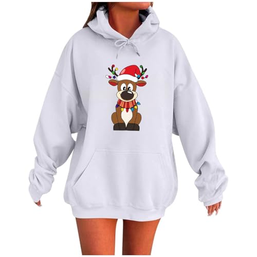 Sudaderas con capucha para mujer, con estampado de renos del Reino Unido, de gran tamaño, manga larga, suéteres de Navidad, divertidos y novedosos, sudaderas con capucha y bolsillo, blanco, S