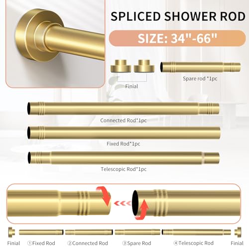 Image of Gold Shower Curtain Rod 34-66 Inches(2.8-5.5ft) Never Rust Adjustable Shower Rod Spring Tension Non Slip No Drilling Shower Rods for Bathroom Garland Window