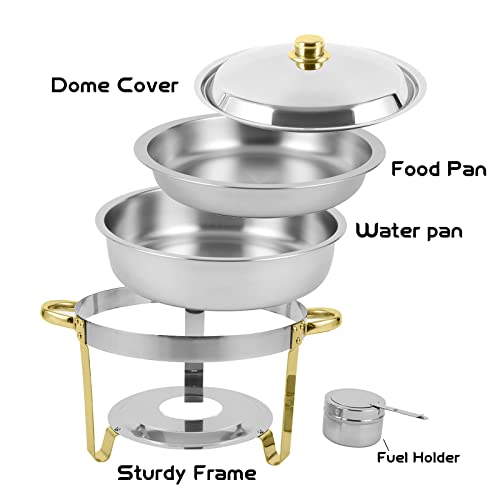 Restlrious Chafing Dish Buffet Set Stainless Steel Round Chafers And Buffet Warmers Sets 5Qt 6 Pack, Complete Set For Buffet Catering W/Water Pan, Food Pan, Fuel Holder And Lid In Gold Accent #TOP2
