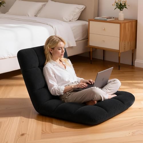 Image of HOPERAN Floor Chair with Back Support, 6-Poistion Adjustable Floor Gaming Chair for Adults, Padded Reclining Floor Chair, Folding Floor Chairs for Meditation, Sleeping, Reading, Gaming, Black