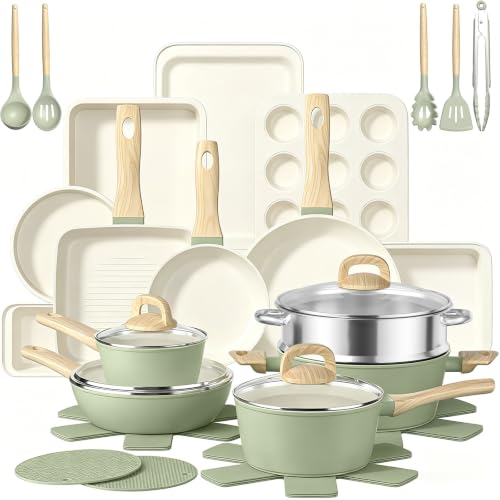 Pots and Pans Set Nonstick Umite Chef 31-Piece Induction Cookware & Bakeware Set with Frying Pans Saucepan Grill Pan Baking Sheet & Utensils PFOA-Free Kitchen Starter Set (Sage Green)