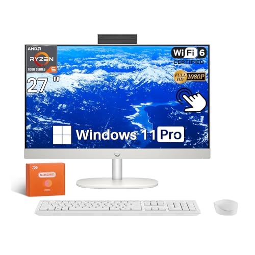 Image of HP 27 Inch All in One Touchscreen Desktop Computer, AMD Ryzen 5 7520U(4-Core), 27 inch FHD IPS, 16GB RAM, 2TB SSD, WiFi 6, Bluetooth 5.3, Wireless Keyboard and Mouse, Windows 11 Pro, Accessories
