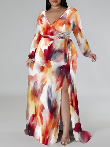 Image of PinkPatty Women's Plus Size Long Sleeve Maxi Dress Casual V Neck Slit Tie Waist Wrap Dresses for Party Cocktail