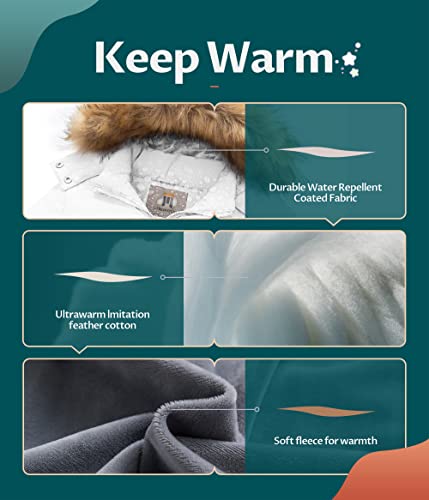 Creatmo Us Girl's Thicken Winter Coat Warm Puffer Jacket Water Resistant Jacket With Faux Fur Hood White 10/12 #TOP3