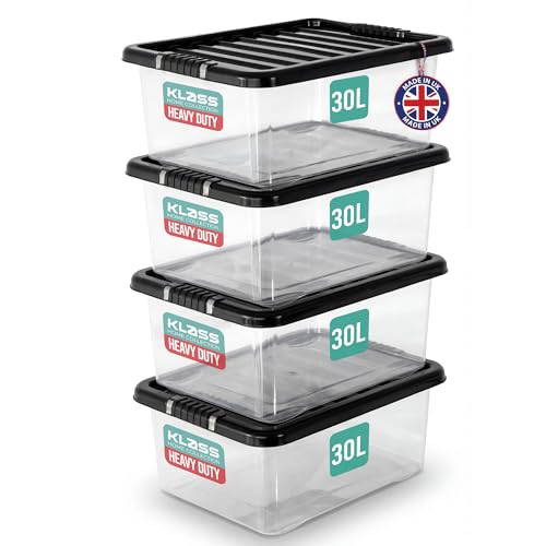 KLASS 4 x 30 Litre Underbed Storage Boxes with Lids Set of 4 Clear Multipurpose Nestable Stackable Plastic Storage Box With Lid 30L Clear Containers For Home Kitchen Garage Office Accessories