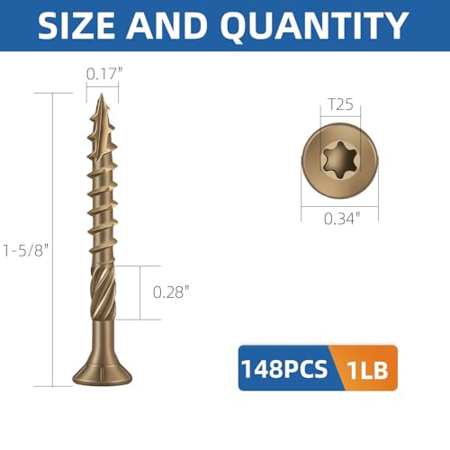 Image of #8 x 1-5 /8 inch Heavy-Duty Deck Screws - Bronze Long Outdoor Wood Screws, Torx Drive with T25 Bit, Rust Resistant for Wood Decking and Fence (1lb,148Pcs)