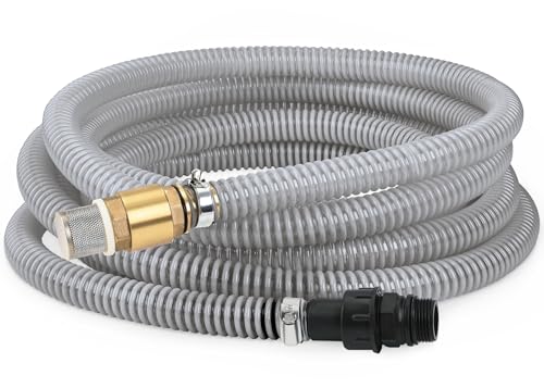 FLUENTPOWER 23FT x 1 Suction Hose Kit with Brass Fitting Check Valve and NPT 1 male Thread Water Intake Hose Set Aspiration Hose for Well Shallow Sprinkler Garden Booster Pump Grayish-white