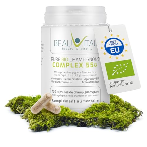Pure Bio Champigons Complex 55+ 120 capsules de 500 mg de Cordyceps Hericium Reishi Agaricus Maitake Shiitake issu de l'agriculture biologique de l'UE