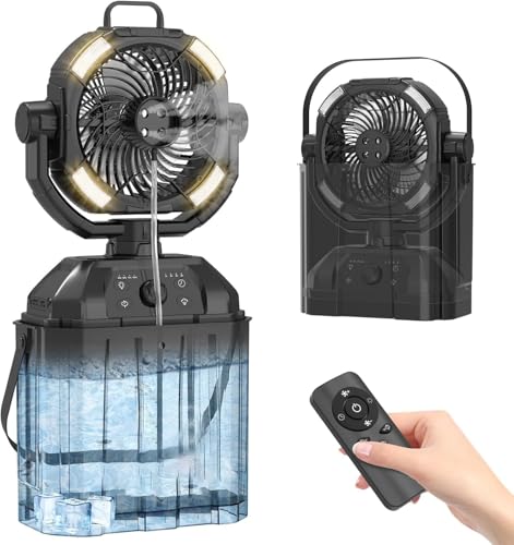 YOIbuy PRO 充電式 ミストファン 卓上扇風機 キャンプ用 LED照明付き 自動首振り リモコン付き タイマー付き 静音モータ USB出力付き タイプC充電 加湿器 サーキュレーター 防災グッズ アウトドア用品 熱中症対策 PSE認定品 YMF-003