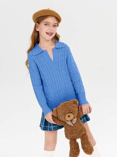 Image of Girls Sweaters Kids Fashion Cable Knit Collared V Neck Pullover Sweater Tops 5-14 Years