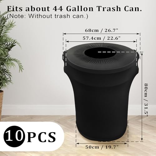 Image of BSTKEY 44 Gallon Stretch Spandex Trash Can Cover, 10 Pack Outdoor Fitted Waste Container Cover Round Garbage Can Covers for Wedding Party Commercial Fundraiser Decor, Without Trash Can (Black)
