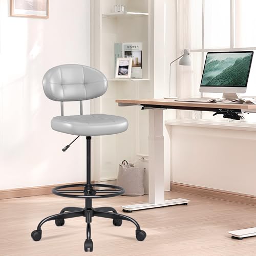 Image of Misolant Drafting Chair, Armless Tall Office Chair with Footrest Ring for Standing Desk, Small Faux Leather Executive Computer Chair with Adjustable Height for Bar Lab Counter Height Desk, Gray
