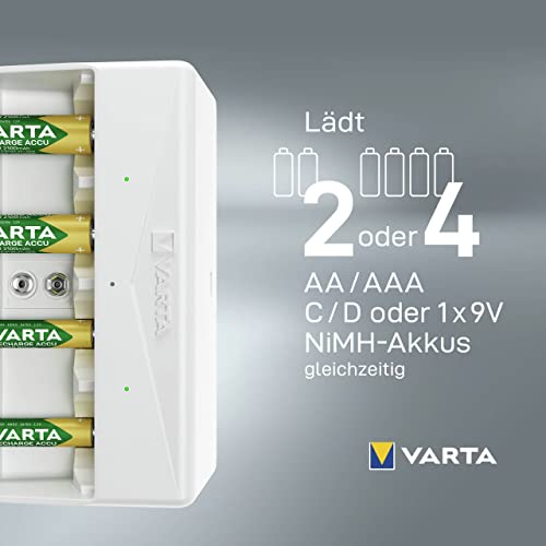 VARTA Akku Ladegerät, Batterieladegerät für wiederaufladbare Batterien, lädt 2 oder 4 AA, AAA, C, D oder 1x 9V gleichzeitig, Universal Charger, mit Sicherheitsabschaltung, unbestückt