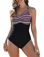 Nadeer Badeanzug Damen Bauchweg Große Größen Badeanzüge High Waist Push Up V Ausschnitt Bademode Shape One Piece Swimsuits Sport(Streifen Schwarz,L)