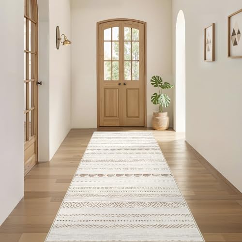 Nakagishi Runner Rug Kitchen Washable Rugs: 2x6 Non-Slip Boho Soft Modern Stain Resistant Indoor Floor Neutral Farmhouse Throw Carpet for Hallway Bathroom Laundry Room Entryway Bedroom- Beige