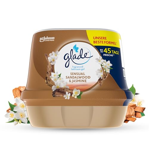 Glade Ambientador Gel de Baño Absorbeolores Sensual Sandalwood & Jasmine, Dura Hasta 45 Días, con Aceites Esenciales, 1 Gel