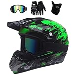 UIGJIOG Motocross Helmet, with Goggles Mask Gloves, Youth Kid Full-Face Off Road Motorcycle Crash Helmet, MTB BMX Downhill Quad Bike Enduro Racing Dirt Bike Helmet,Green,S(52~53cm)