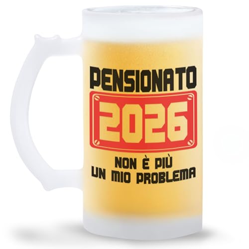 STAMPATEK Boccale Birra Pensionato 2026 in Vetro Satinato – Idea Regalo Pensione e Pensionamento Uomo – Bicchiere Birra 500 ml Regali per Colleghi mod.BS1_DS1_2026