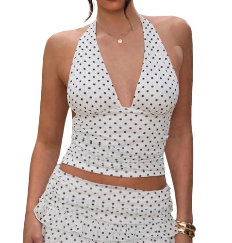 AKLOPVII Women Y2k Sexy Polka Dot V Neck Mesh Halter Crop Tops Cute Off Shoulder Sleeveless Tie Up Ruched Tank Going Out White