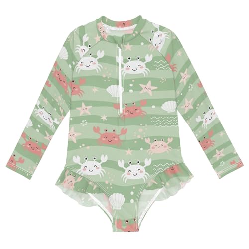 Cute Sea Crab Pattern Girls Rash Guard Swimsuits Long Sleeve One Pieces Bathing Suit UPF 50+ Zipper Swimwear - Main Image