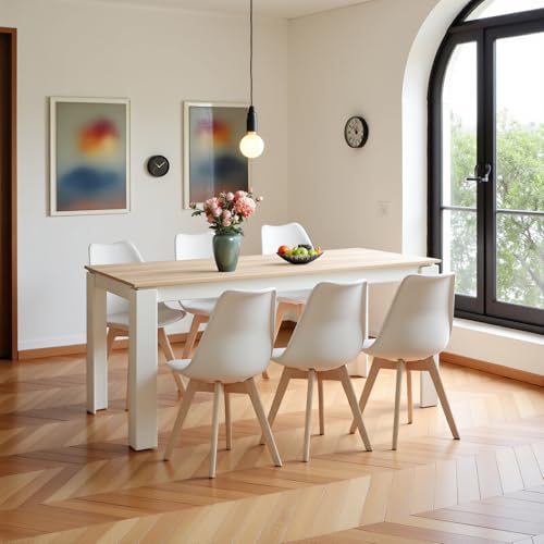 FURNITABLE Mesa de comedor con 6 sillas de comedor, sillas de comedor y mesa rectangular de cocina, grupo de asientos para salón, cocina, oficina (mesa de 160 cm de roble y blanco+6 sillas blancas)
