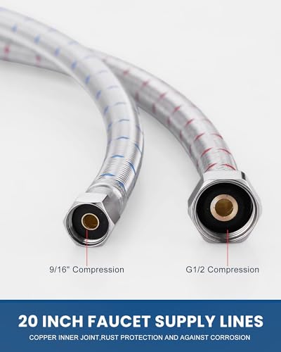 ALEASHA 20'' Length Faucet Supply Line, Stainless Steel Braided cUPC Sink Hose with G1/2" FIP x 3/8" Compression Supply Hose for Sink Faucet Bathroom Kitchen Faucet Connector Water Supply Line 2 PCS