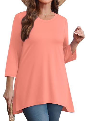 Image of OFEEFAN Tunic Tops for Women Loose Fit Dressy 3 /4 Length Sleeve Womens Tops with Asymmetrical Hem S-4XL