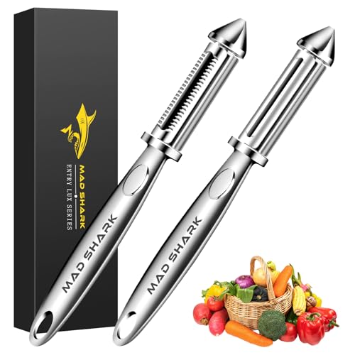 MAD SHARK Lot de 2 Éplucheurs de Légumes, Éplucheur Pomme de Terre et Carotte, éplucheur de fruits, Manche Ergonomique Antidérapant (Argenté)