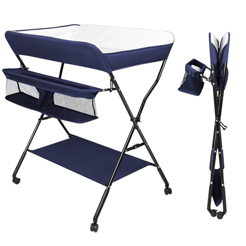 MUL-BOUTIQUE Table à Langer Pliante, Portable, Amovible avec Aoulettes et Panier de Rangement, Hauteur Réglable pour Bébé (Bleu Clair, 92-104 cm, 4 Vitesse)