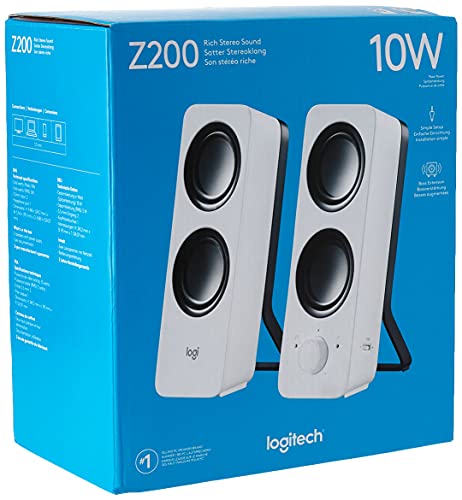 Logitech Z200 2.0 Altavoces Estéreo, 10 Vatios, Sonido Estéreo Detallado, Graves Ajustables, Conexión 2 Dispositivos, Entrada Audio 3.5 mm, Controles Sencillos, Enchufe EU, TV/PC/Móvil/Tablet, Blanco