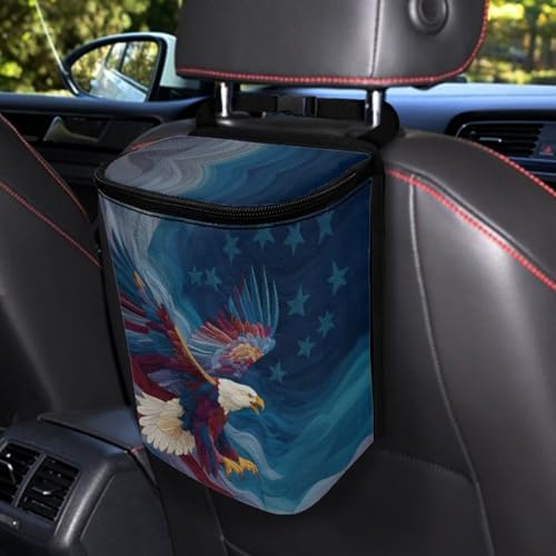 Image of Talayituse Eagle American Flag Print Car Trash Bin, Large Size Auto Trash Can Adjustable Portable Garbage Can with Lid, Vehicle Hanging Bag for Headrest Front Back Seat 4th of July Decor