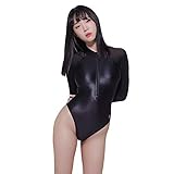 LEOHEX Damen Sexy Einteiliger Glänzend Badeanzug Langarm Bademode(XL,Schwarz)