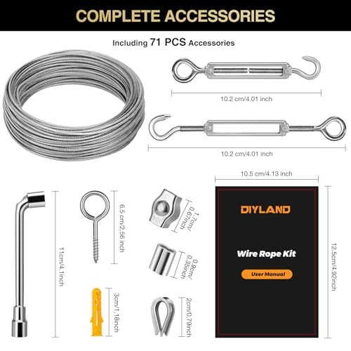 DIYLAND Drahtseil Rankhilfe Set 35M/2mm Drahtseil Edelstahl Set für Kletterpflanzen, Seilspanngarnitur für Lampenaufhängung,Gardinen seil,einschließlich Seilspanner Edelstahl Drahtseilklemme