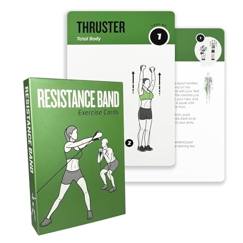 ELAORY Tarjetas de entrenamiento con cinturón de resistencia, 62 tarjetas de ejercicios, tamaño grande, tarjetas de fitness de 5 x 3.5 pulgadas, para mujeres y hombres, guía de fitness para