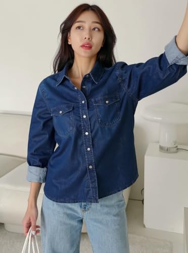Image of Stylish Denim Shirt for Women Regular Fit Solid Blue Collared Neck Button Down Full Sleeve Casual Wear Girls and Ladies Shirt 36