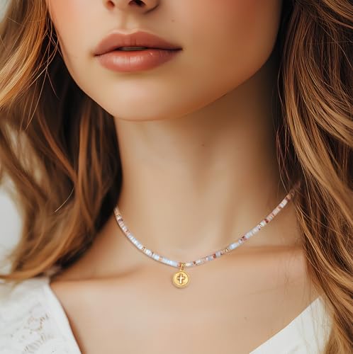 Natural Gemstone Necklaces for Women Agalmatolite Choker Handmade Cross Necklace Pagodite Boho Beaded Jewelry Faith Gifts3