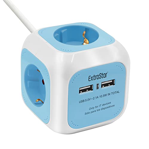EXTRASTAR 6 en 1 Cubo Regleta Enchufe con USB de 4 Enchufes + 2 Puertos USB 5V, 1.5M, MAX 3680W, 16A, Azul, para Hogar Oficina