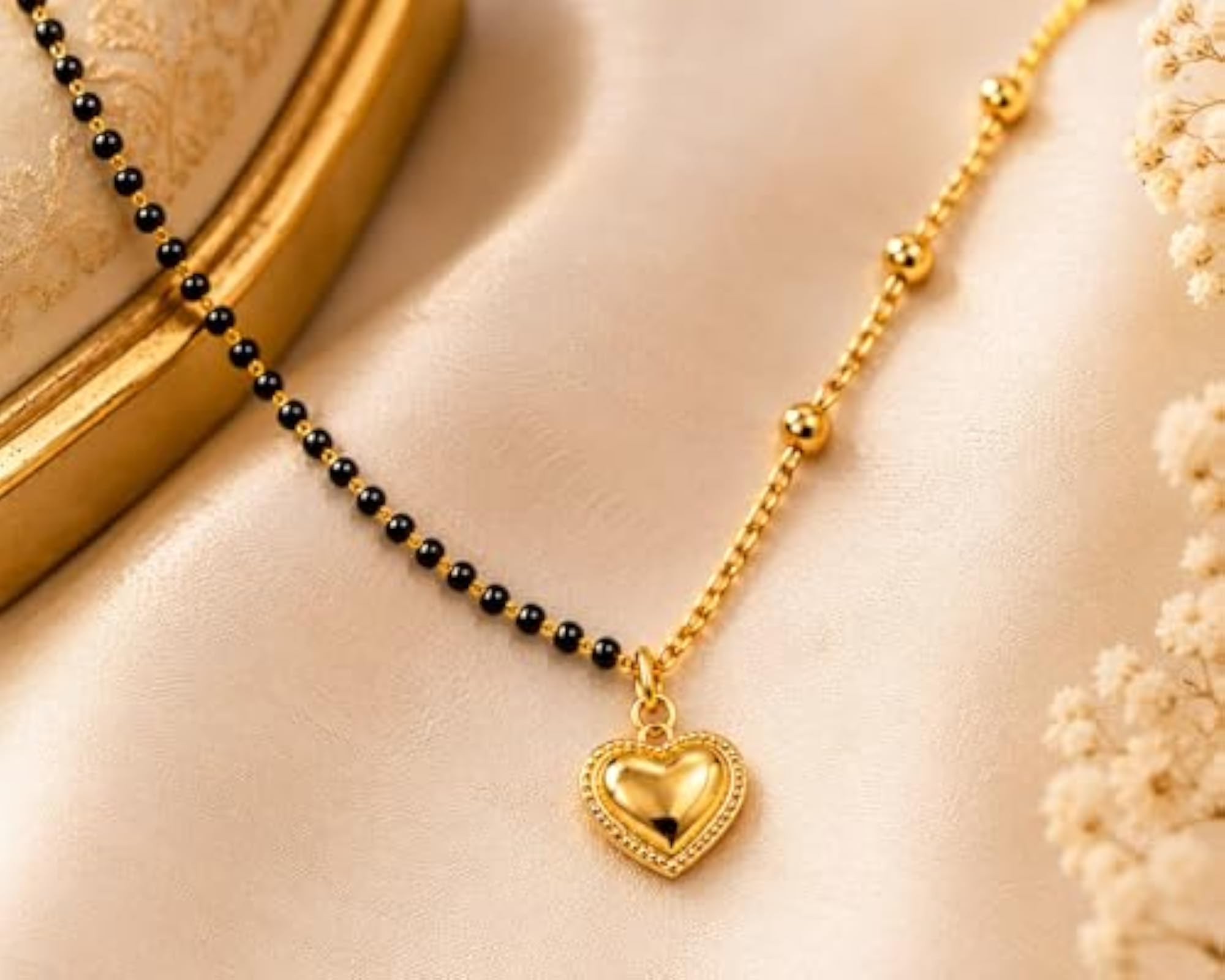 Women's Crystal Heart Mangalsutra with Black Beads Chain