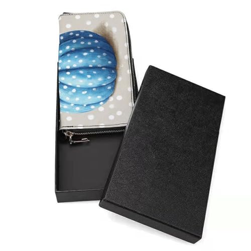 Blue Pumpkin with Autumn Leaf PU Leather Clutch Long Bifold Wallet, Coin Purse Credit Pass Case, Durable Card-Holder Money Storage for Women Men3