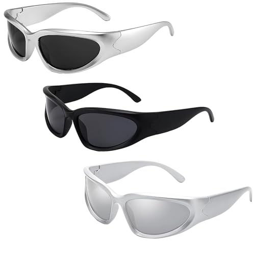 RzuoQnt 3 Paar Y2K Sonnenbrillen Herren Damen Vintage Futuristische Wrap-around UV400 Schutz Leicht für Radfahren Motorrad Golf Tennis Laufen Outdoor