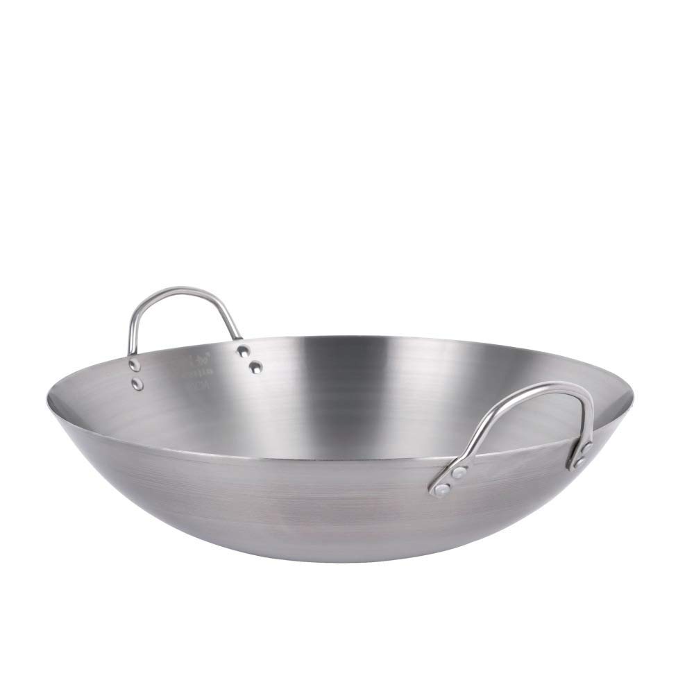Sartén Wok Grande Profesional de Acero Inoxidable sin Revestimiento con asa Auxiliar. Wok Multiusos de 34 x 60 cm y 47 cm.